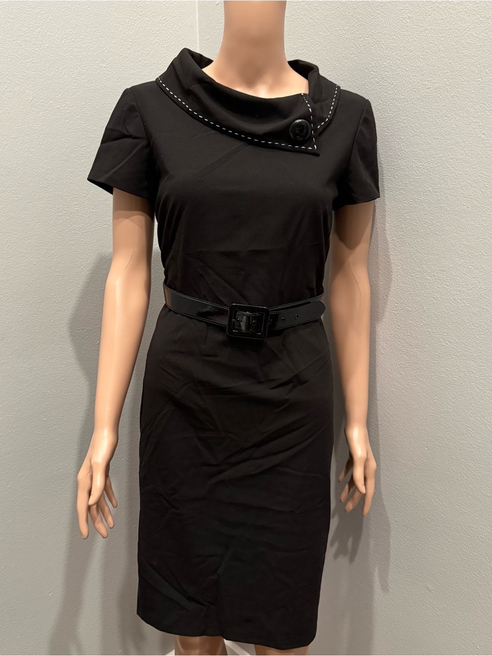 Tahari Black Short-Sleeve Sheath Dress with Buttoned Asymmetric Collar